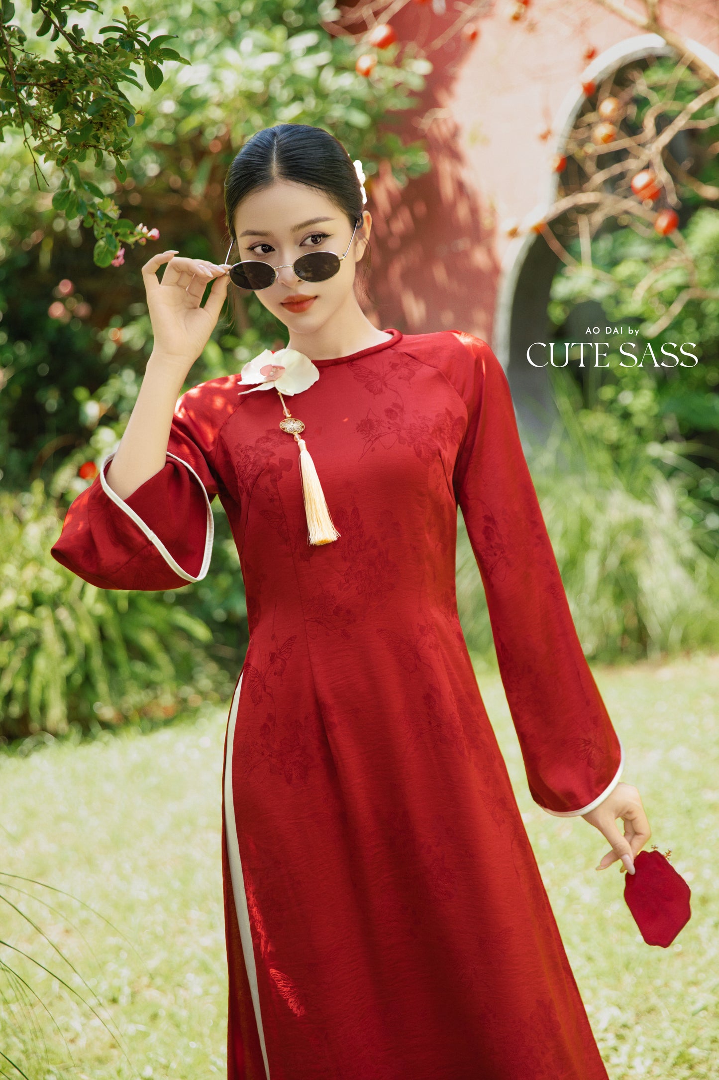 Gia Hòa - Mom and Daughter Red with Hibiscus Flower Pin Ao Dai Set