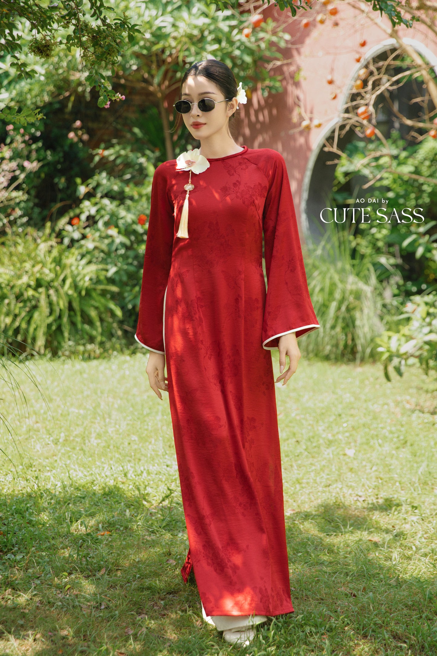 Gia Hòa - Mom and Daughter Red with Hibiscus Flower Pin Ao Dai Set
