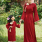 Gia Hòa - Mom and Daughter Red with Hibiscus Flower Pin Ao Dai Set
