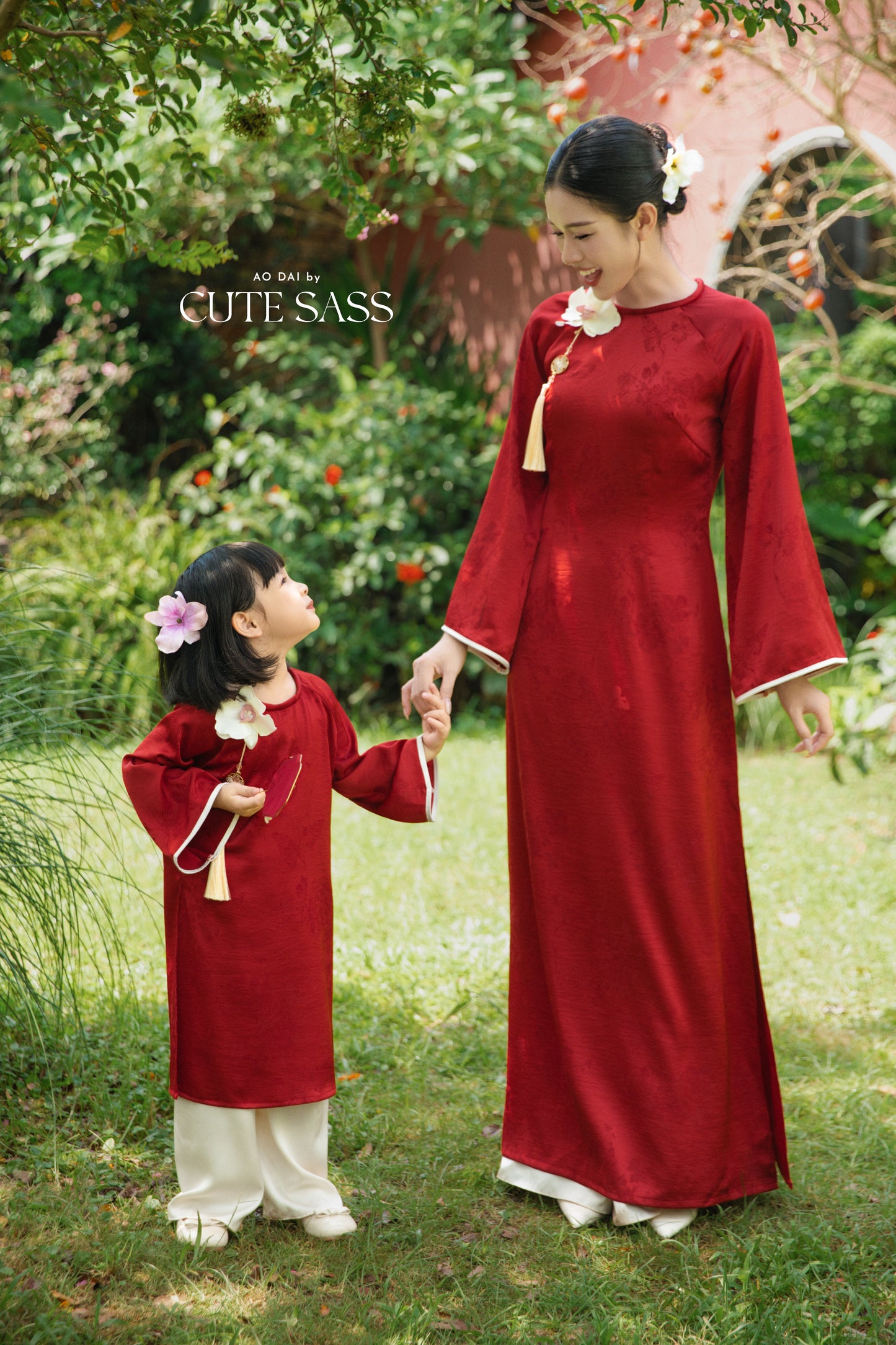 Gia Hòa - Mom and Daughter Red with Hibiscus Flower Pin Ao Dai Set
