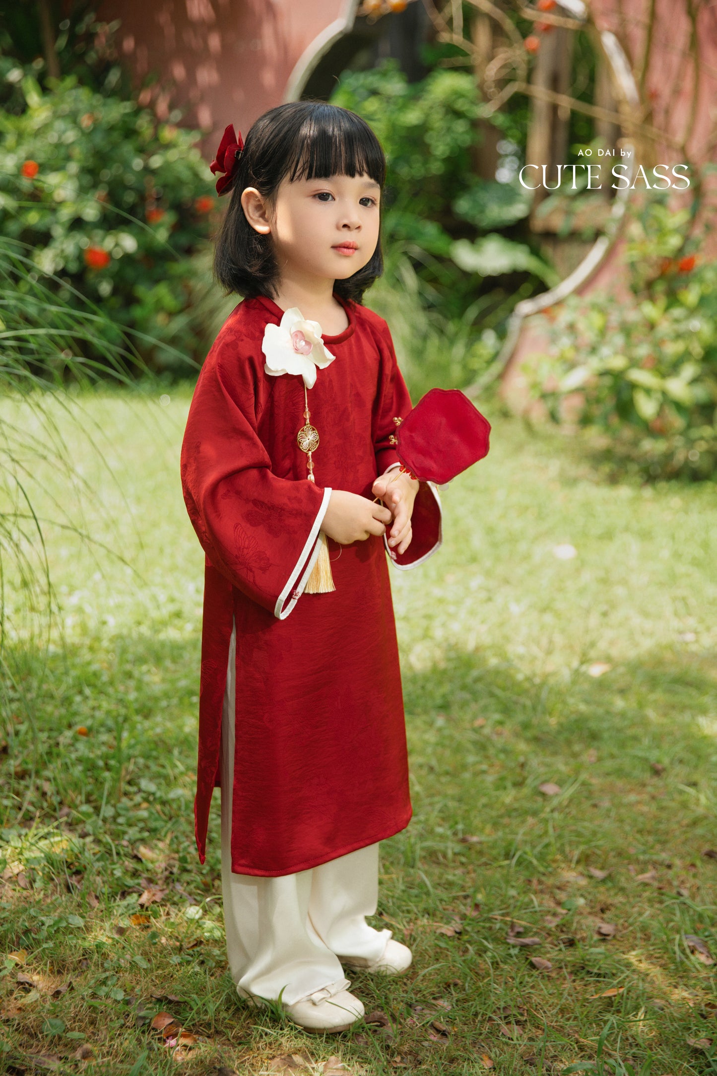 Gia Hòa - Mom and Daughter Red with Hibiscus Flower Pin Ao Dai Set