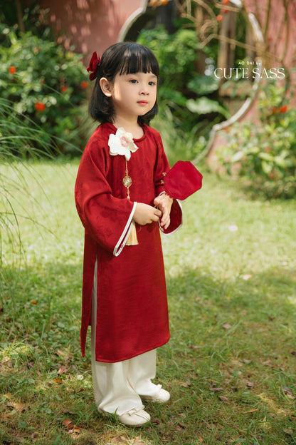 Gia Hòa - Mom and Daughter Red with Hibiscus Flower Pin Ao Dai Set 23A