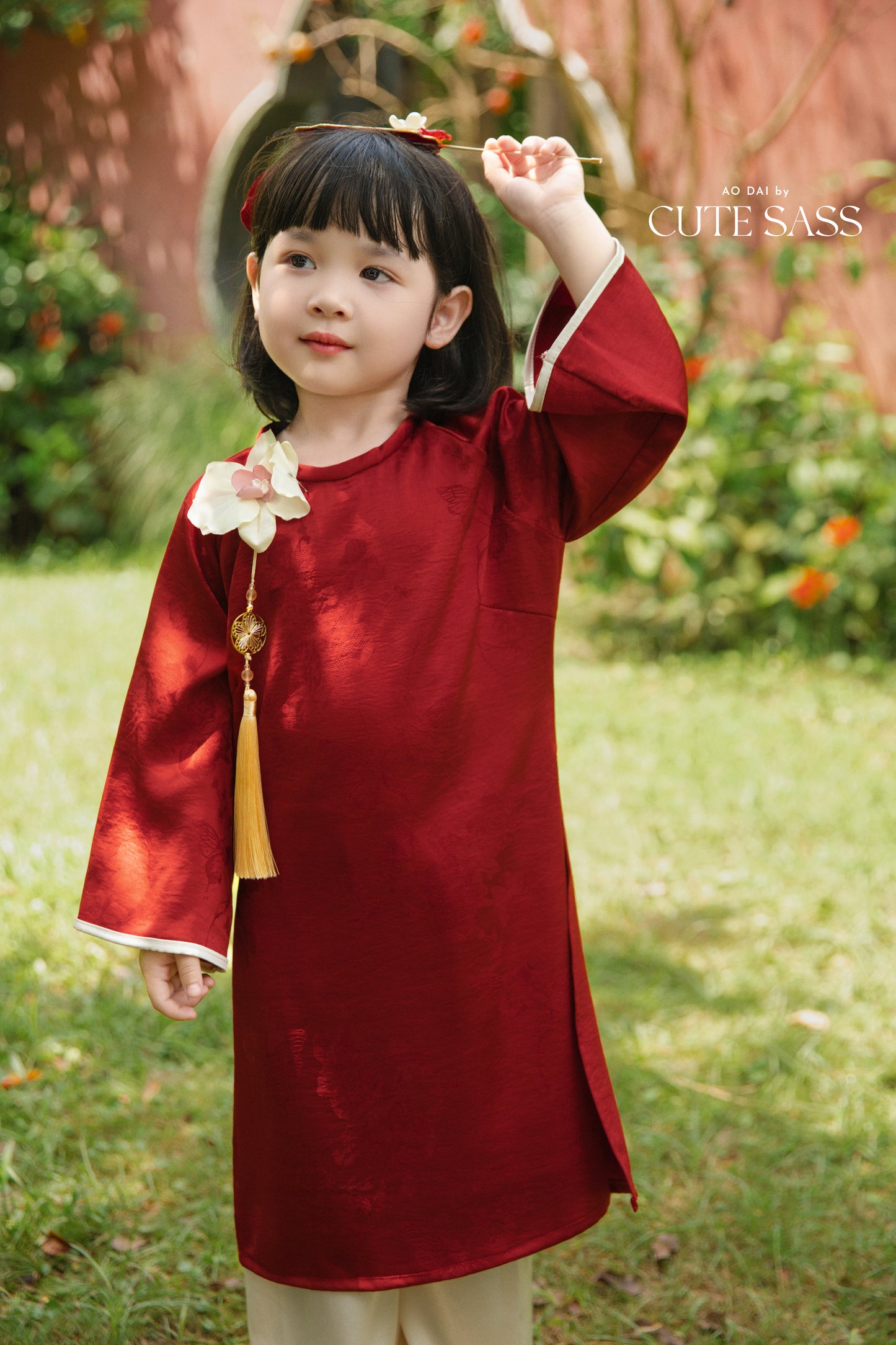 Gia Hòa - Mom and Daughter Red with Hibiscus Flower Pin Ao Dai Set