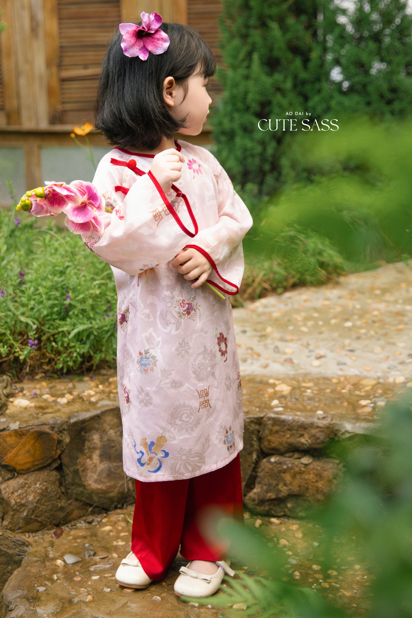 Gia Hòa - Family Pink/Red Bamboo Printed Ao Dai Set