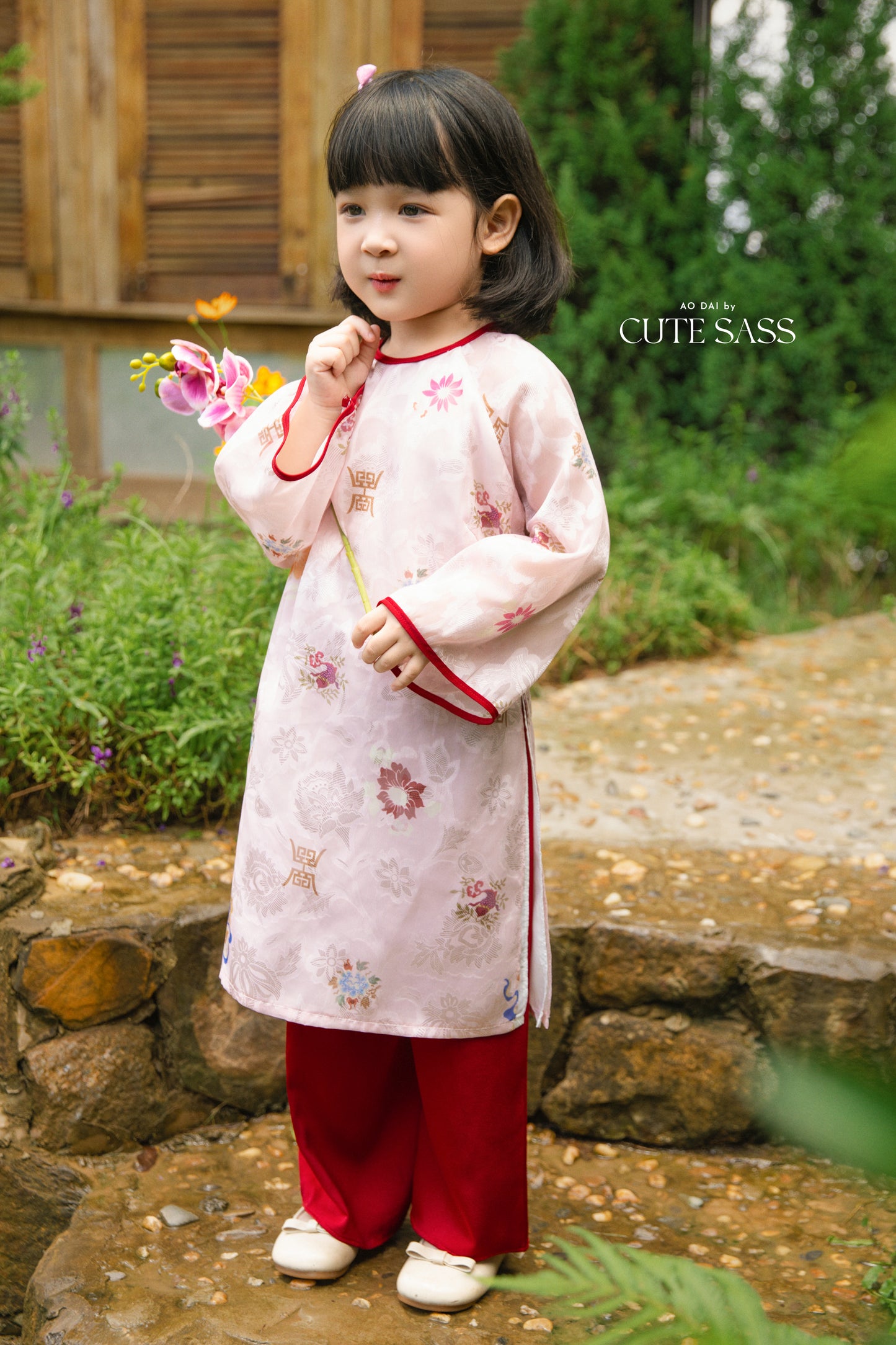 Gia Hòa - Family Pink/Red Bamboo Printed Ao Dai Set