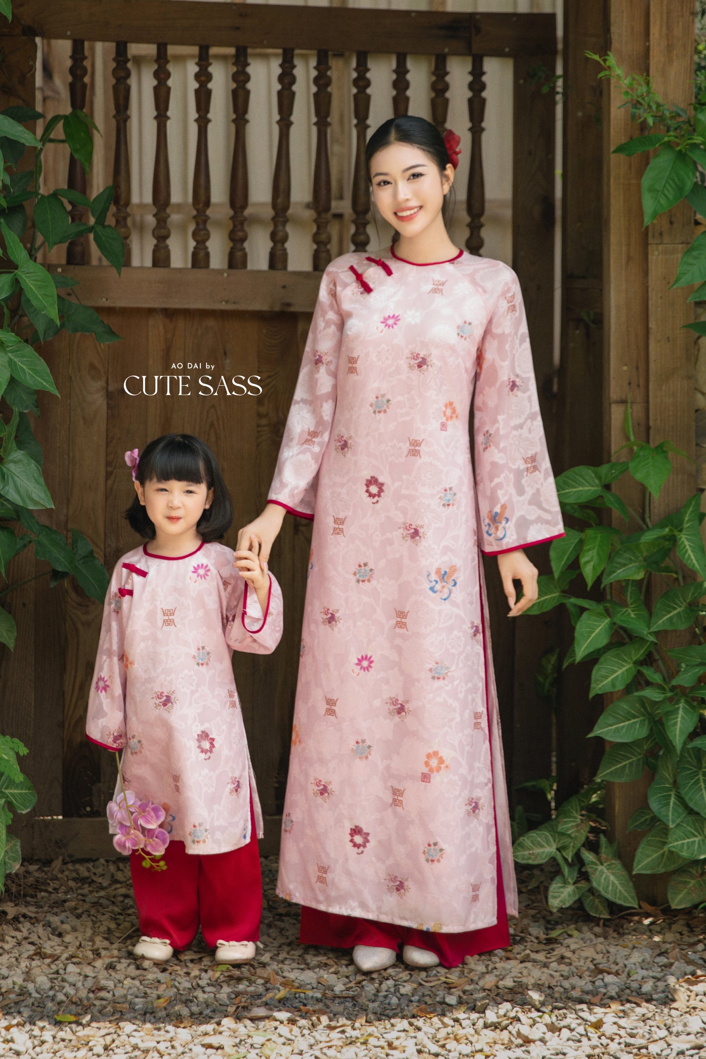 Gia Hòa - Family Pink/Red Bamboo Printed Ao Dai Set