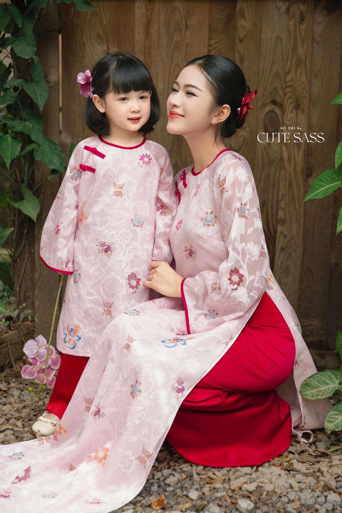 Gia Hòa - Family Pink/Red Bamboo Printed Ao Dai Set