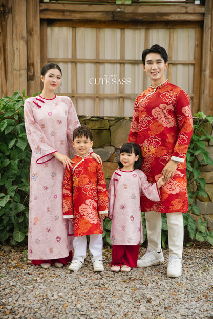Gia Hòa - Family Pink/Red Bamboo Printed Ao Dai Set 7E