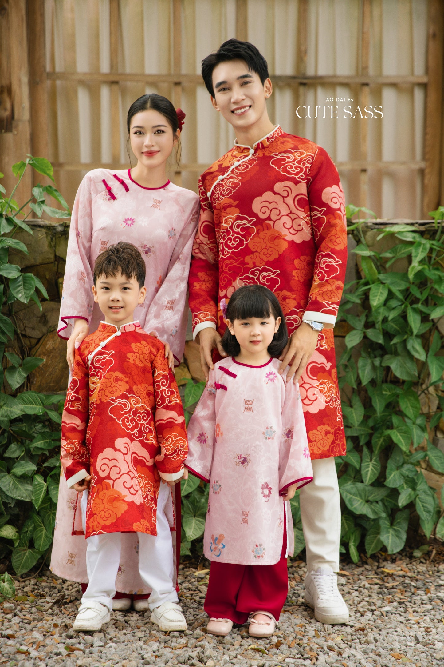 Gia Hòa - Family Pink/Red Bamboo Printed Ao Dai Set