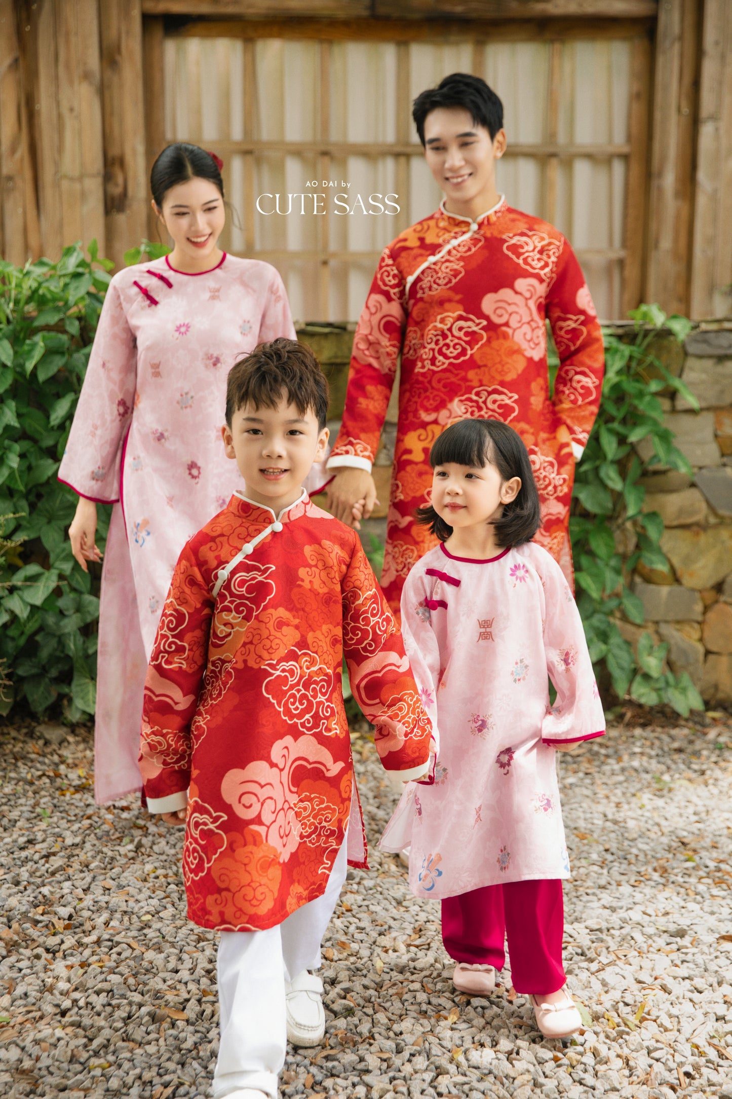 Gia Hòa - Family Pink/Red Bamboo Printed Ao Dai Set