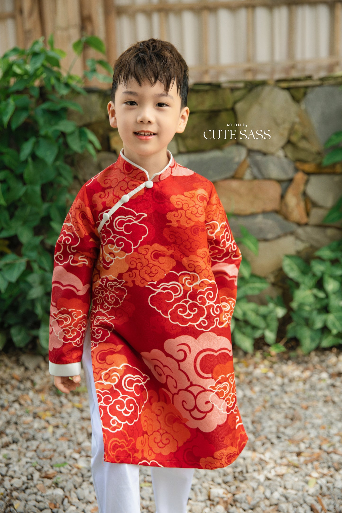 Gia Hòa - Family Pink/Red Bamboo Printed Ao Dai Set