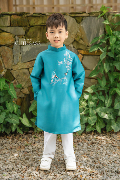 Gia Hòa - Men and Boy Turquoise Robin Bird Ao Dai Set 44D