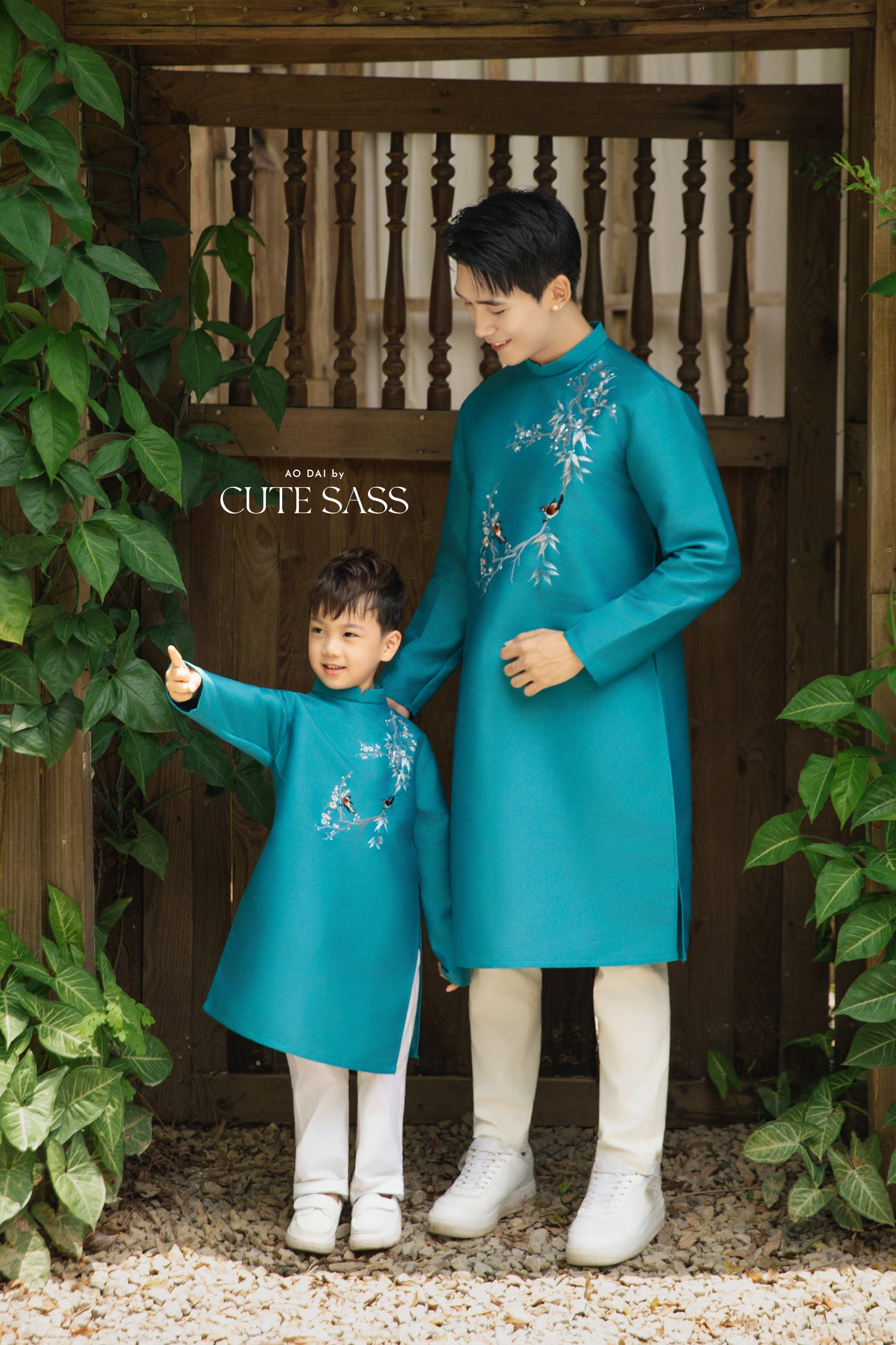 Gia Hòa - Men and Boy Turquoise Robin Bird Ao Dai Set