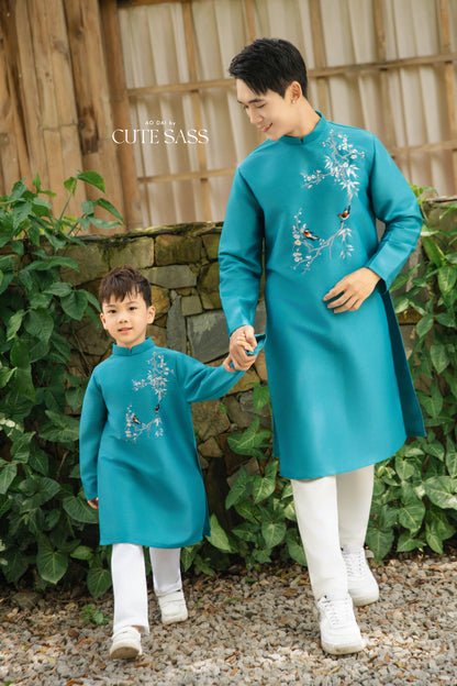 Gia Hòa - Men and Boy Turquoise Robin Bird Ao Dai Set 44D