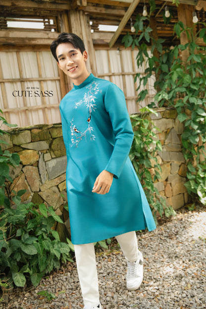 Gia Hòa - Men and Boy Turquoise Robin Bird Ao Dai Set 44D