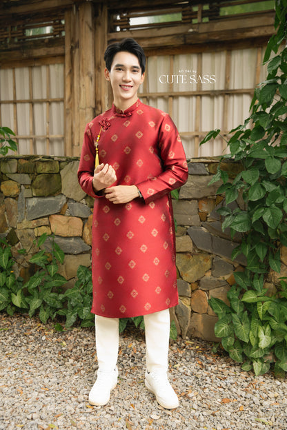 Gia Hòa - Dad and Boy Red Ao Dai with Gold Pattern Top, No Tassel 16D