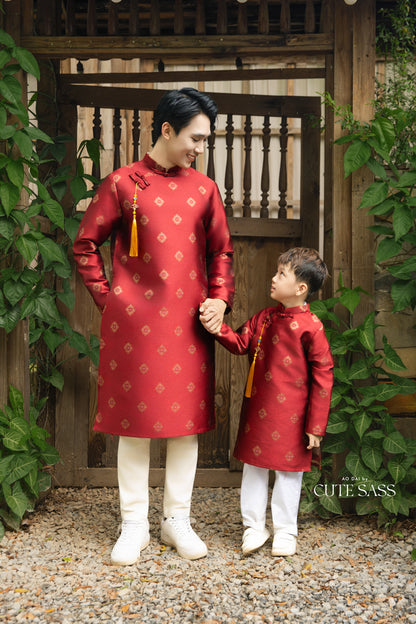 Gia Hòa - Dad and Boy Red Ao Dai with Gold Pattern Top, No Tassel 16D