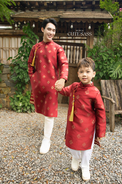 Gia Hòa - Dad and Boy Red Ao Dai with Gold Pattern Top, No Tassel 16D
