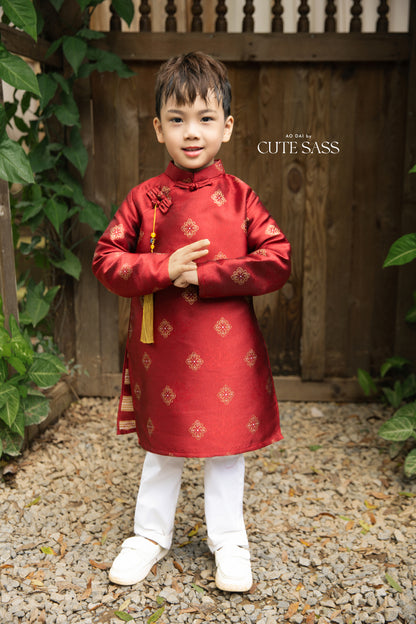 Gia Hòa - Dad and Boy Red Ao Dai with Gold Pattern Top, No Tassel 16D