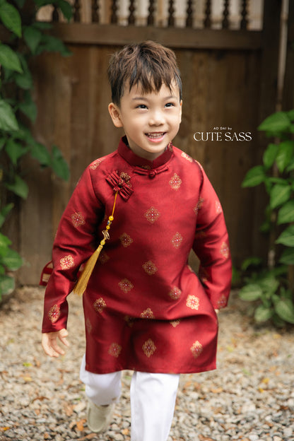 Gia Hòa - Dad and Boy Red Ao Dai with Gold Pattern Top, No Tassel 16D