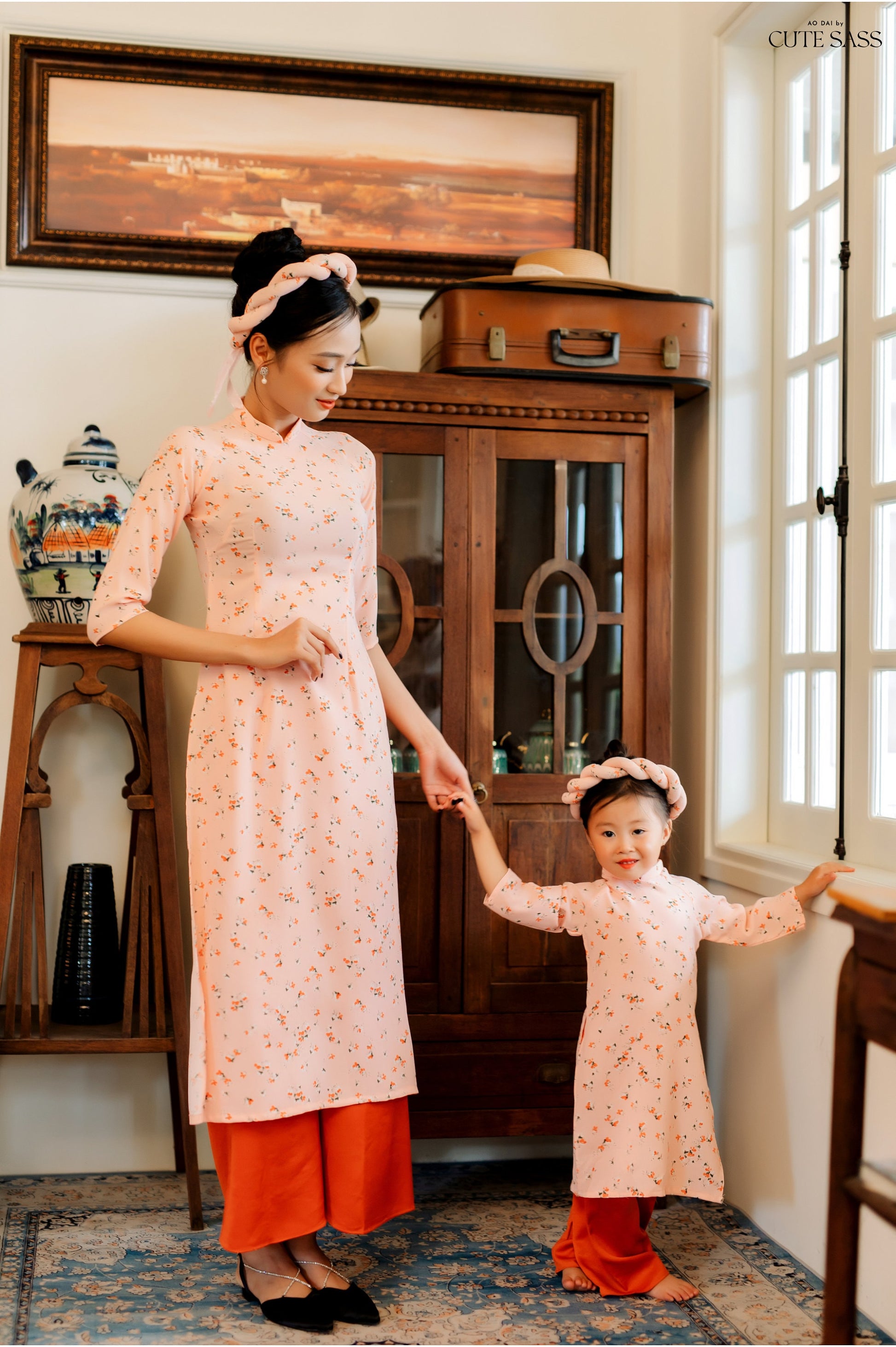 Mom and Daughter Pink Matching Ao Dai Set with Headbands