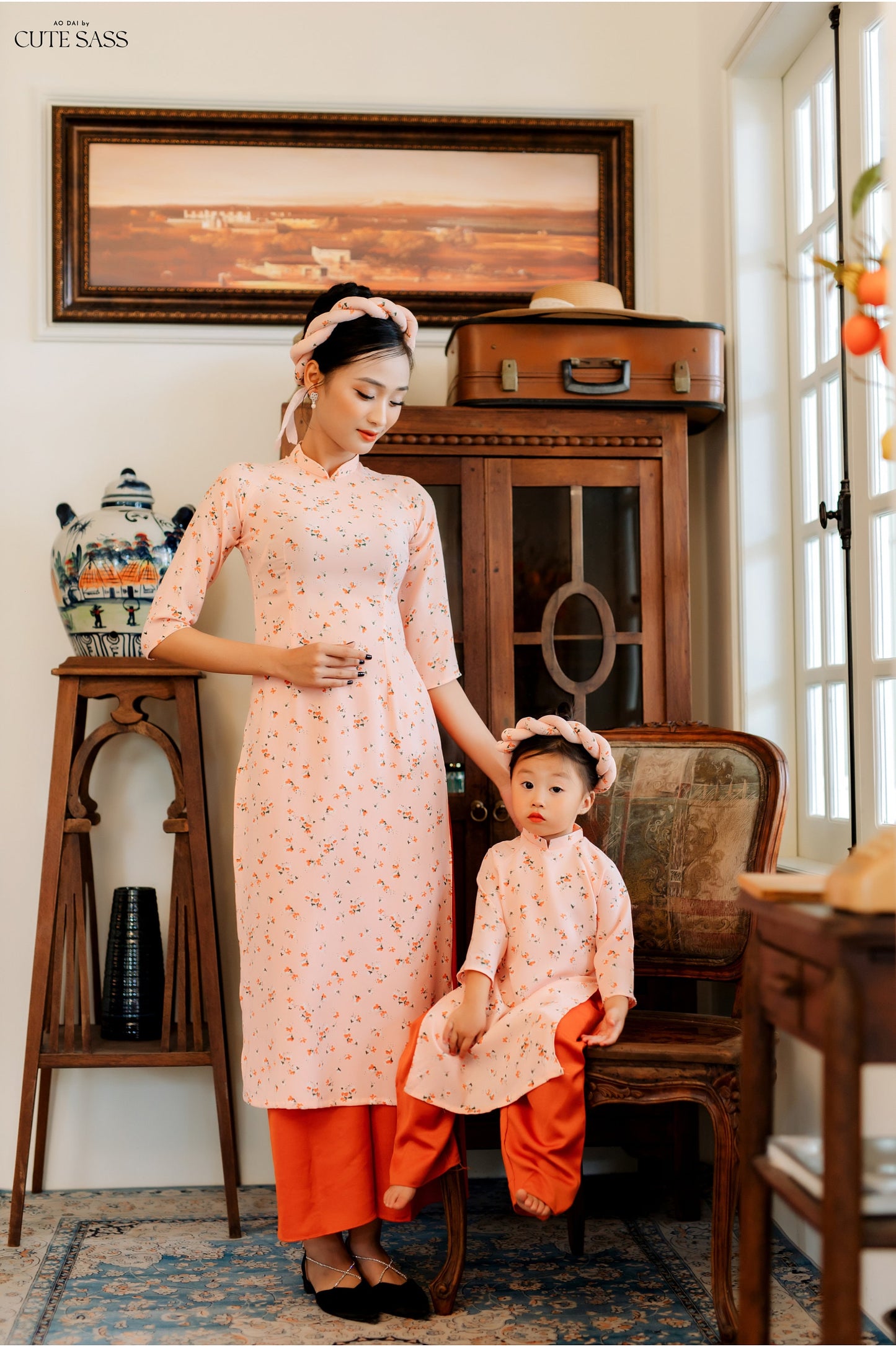 Mom and Daughter Pink Matching Ao Dai Set with Headbands