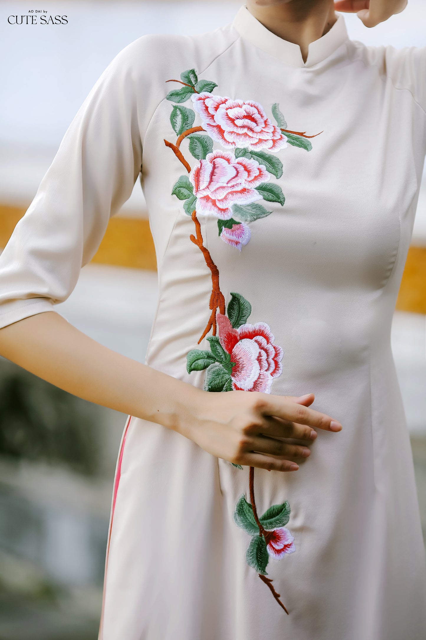 Cream Silk Embroidery Ao Dai Set