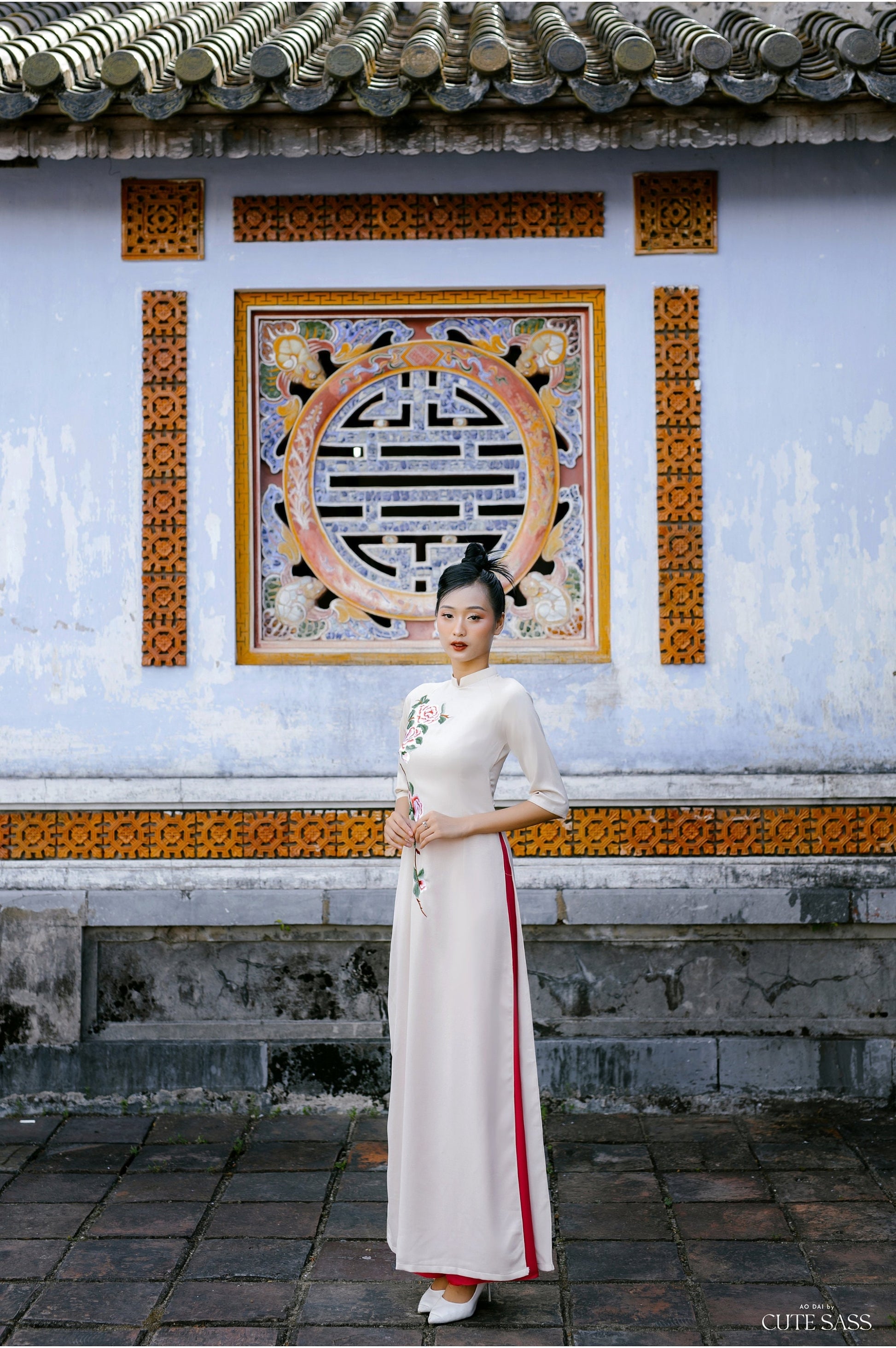 Cream Silk Embroidery Ao Dai Set