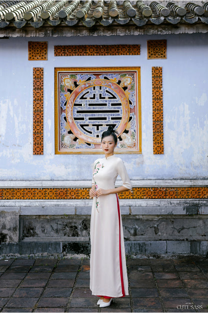 Cream Silk Embroidery Ao Dai Set