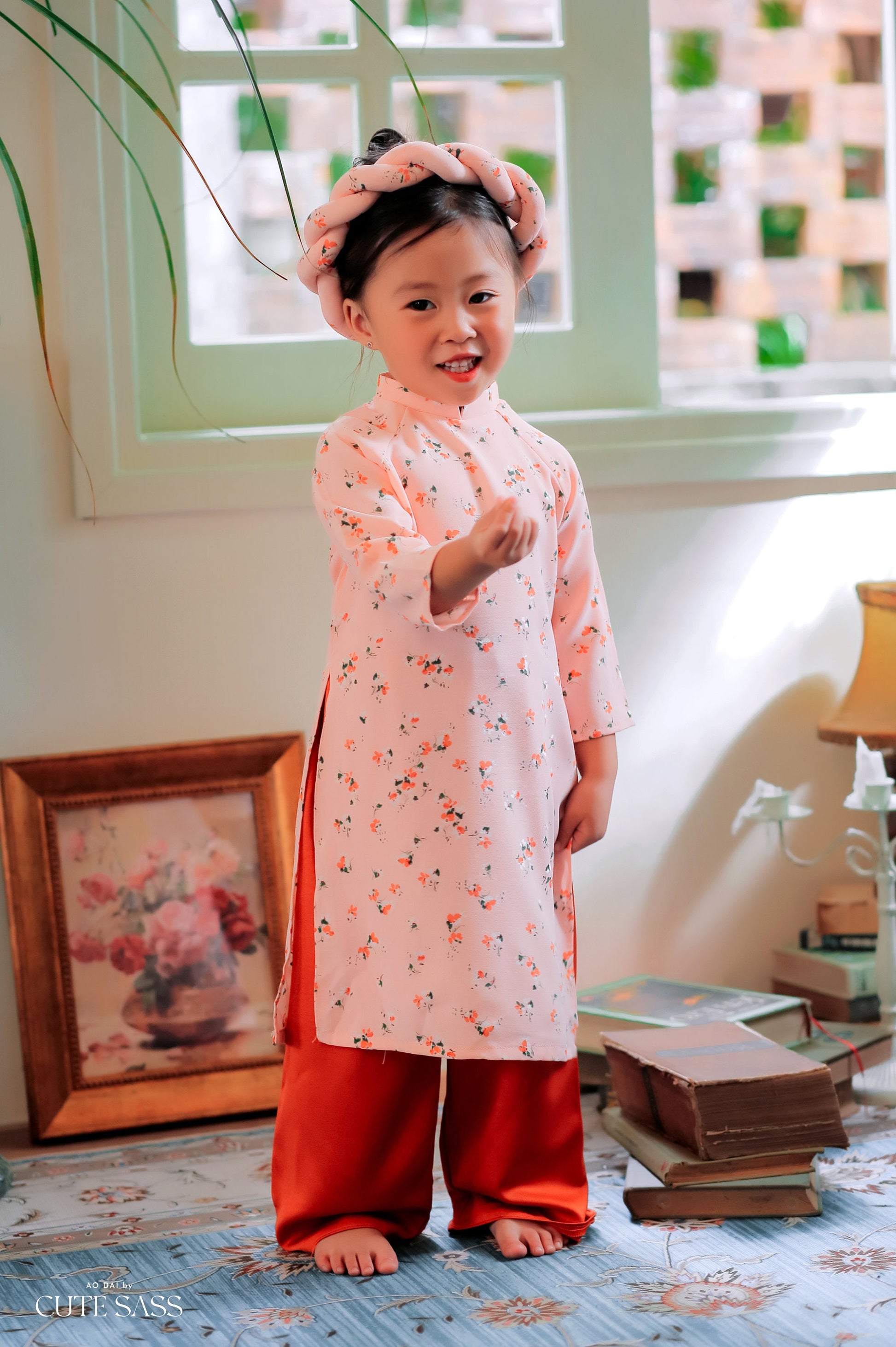 Mom and Daughter Pink Matching Ao Dai Set with Headbands