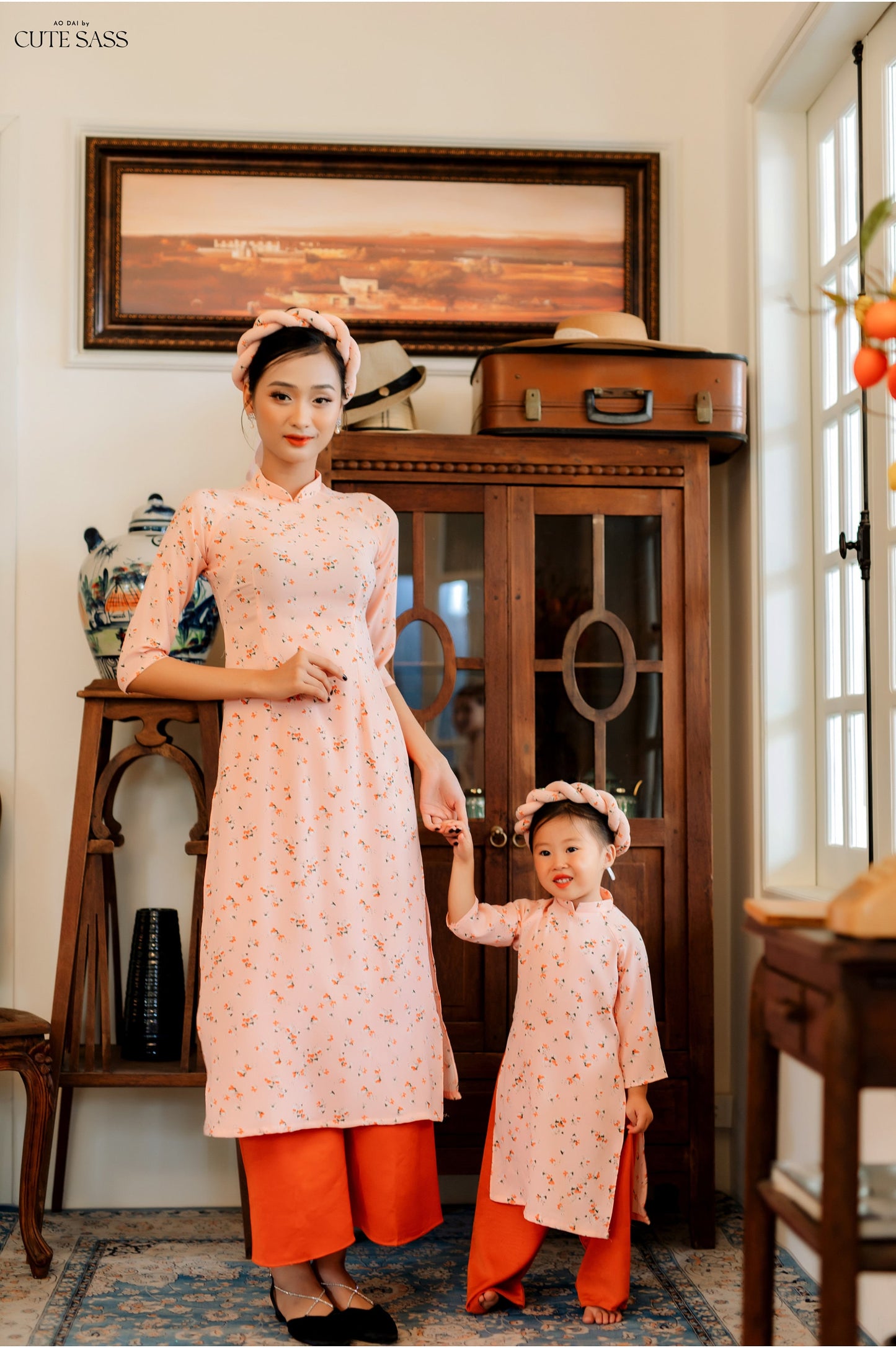 Mom and Daughter Pink Matching Ao Dai Set with Headbands