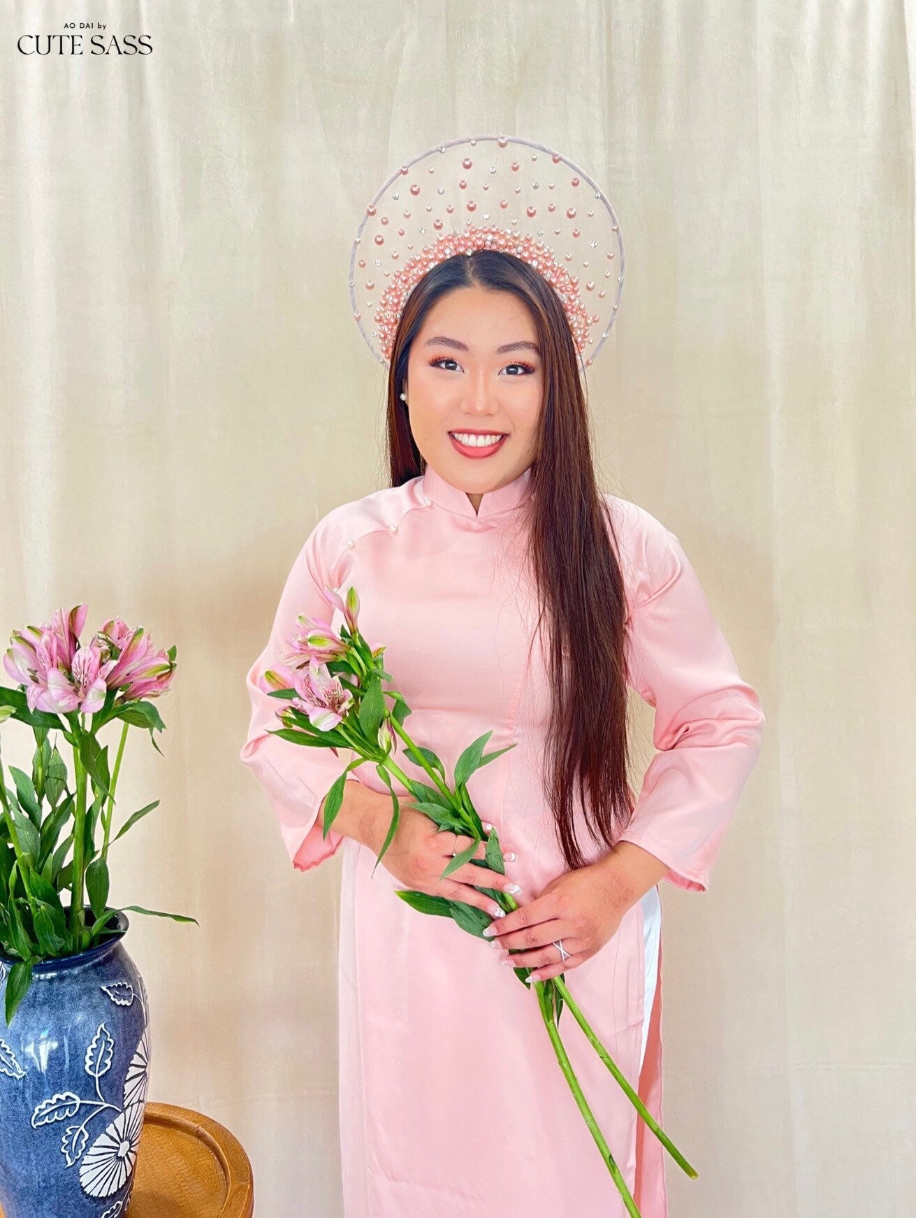 Light Pink Ngoc Trai Silk Pearl Ao Dai Set 32A