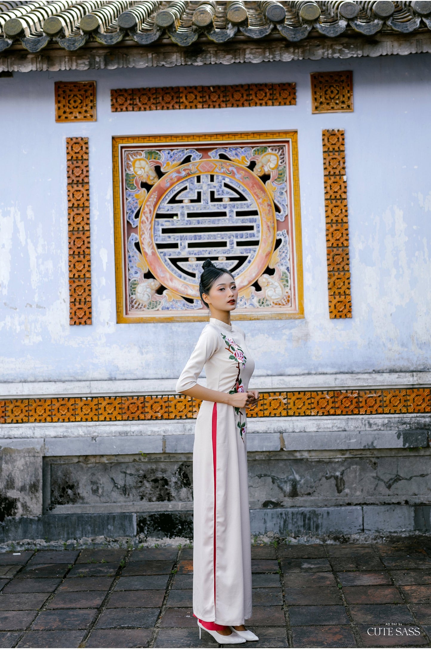 Cream Silk Embroidery Ao Dai Set