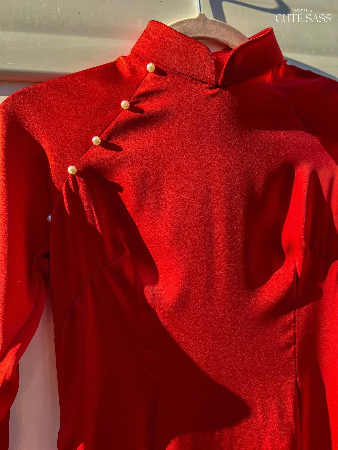 Red/Cream Ngoc Trai Silk Pearl Ao Dai Top Only, NO PANTS 32A AoDaibyCuteSass