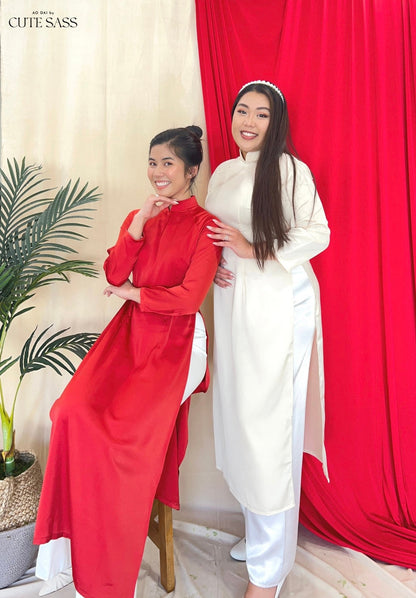 Red/Cream Ngoc Trai Silk Pearl Ao Dai Top Only, NO PANTS 32A AoDaibyCuteSass