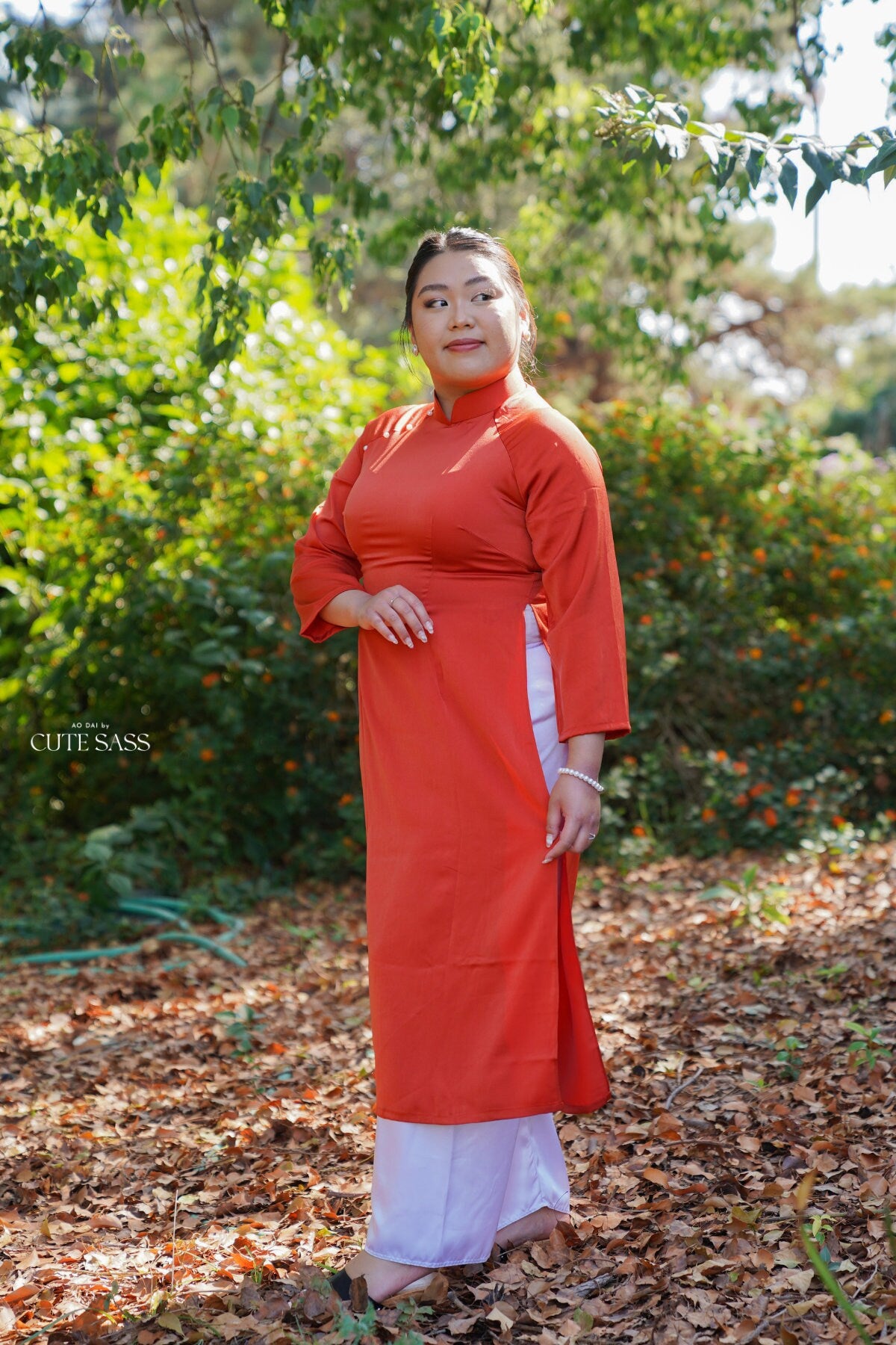 Orange Red Ngoc Trai Silk Pearl Ao Dai Set