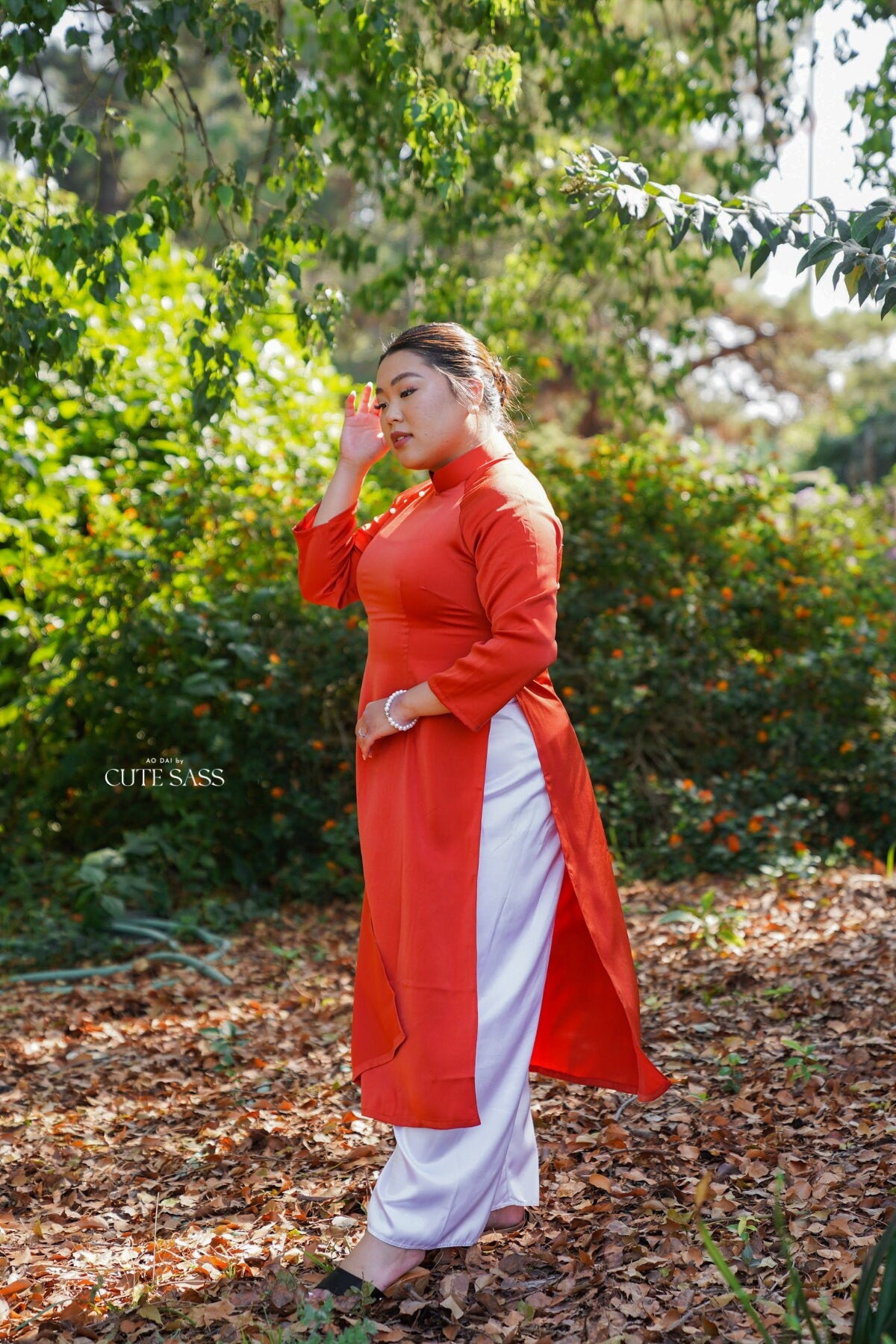 Orange Red Ngoc Trai Silk Pearl Ao Dai Set