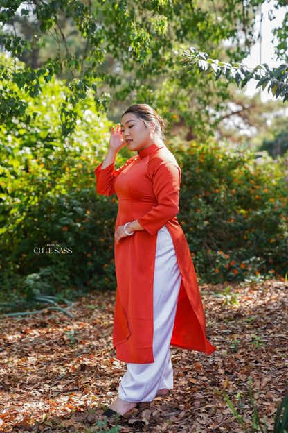 Orange Red Ngoc Trai Silk Pearl Ao Dai Set 32A