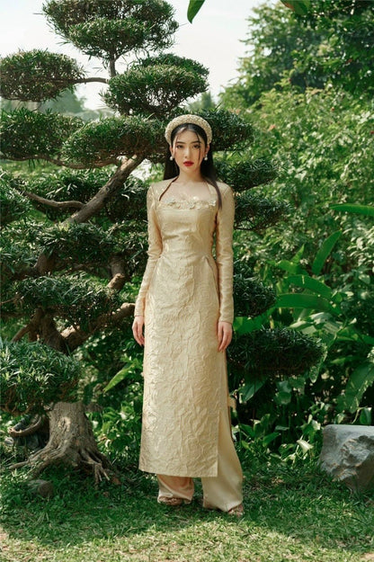 Family GOLD Gam Ao Dai Set (3/4 Sleeves)| Pre-made Traditional Vietnamese Ao Dai | Lunar New Year | Ao Dai for Girl, Mom, Dad, Boy | 11-14D