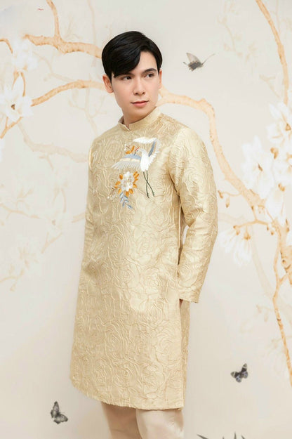 Family GOLD Gam Ao Dai Set (3/4 Sleeves)| Pre-made Traditional Vietnamese Ao Dai | Lunar New Year | Ao Dai for Girl, Mom, Dad, Boy | 11-14D