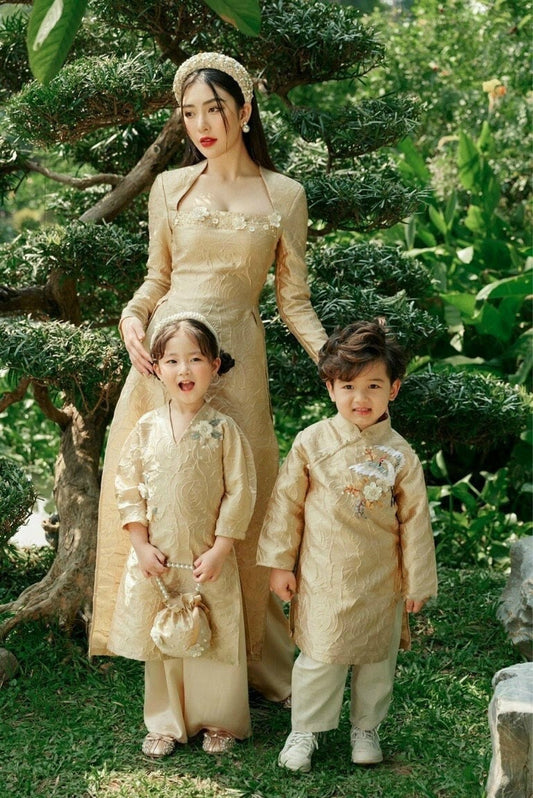 Family GOLD Gam Ao Dai Set (3/4 Sleeves)| Pre-made Traditional Vietnamese Ao Dai | Lunar New Year | Ao Dai for Girl, Mom, Dad, Boy | 11-14D