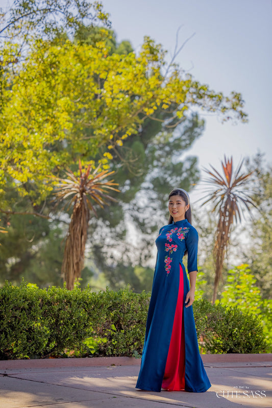 Prussian Blue Embroidery Ao Dai Set