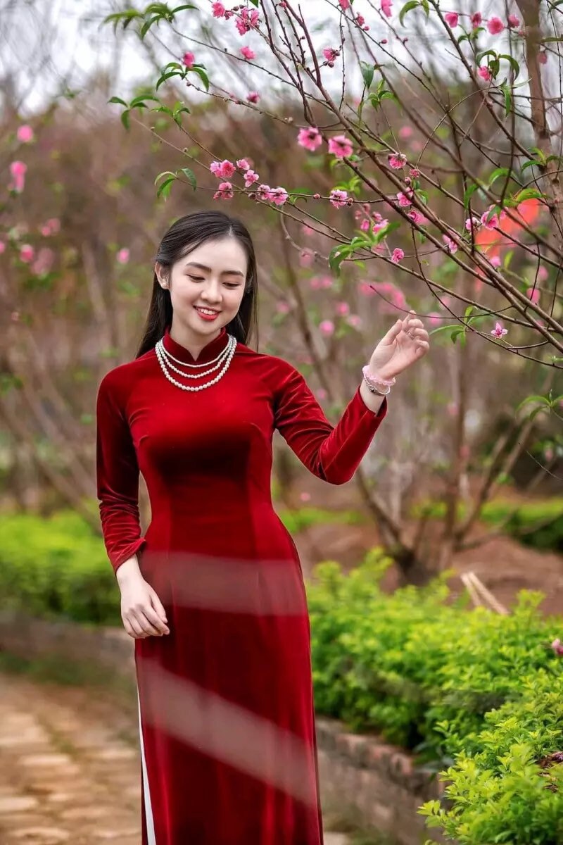 Red Velvet Plain Ao Dai Top Only, NO PANTS