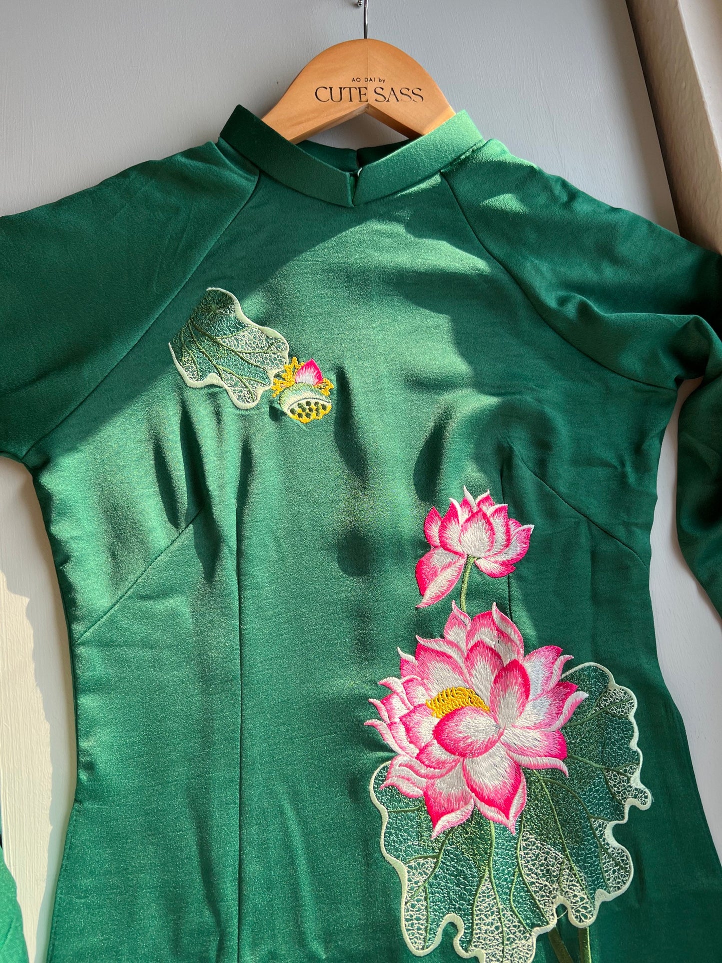 Green Lotus Embroidery Silk Ao Dai Top Only, NO PANTS