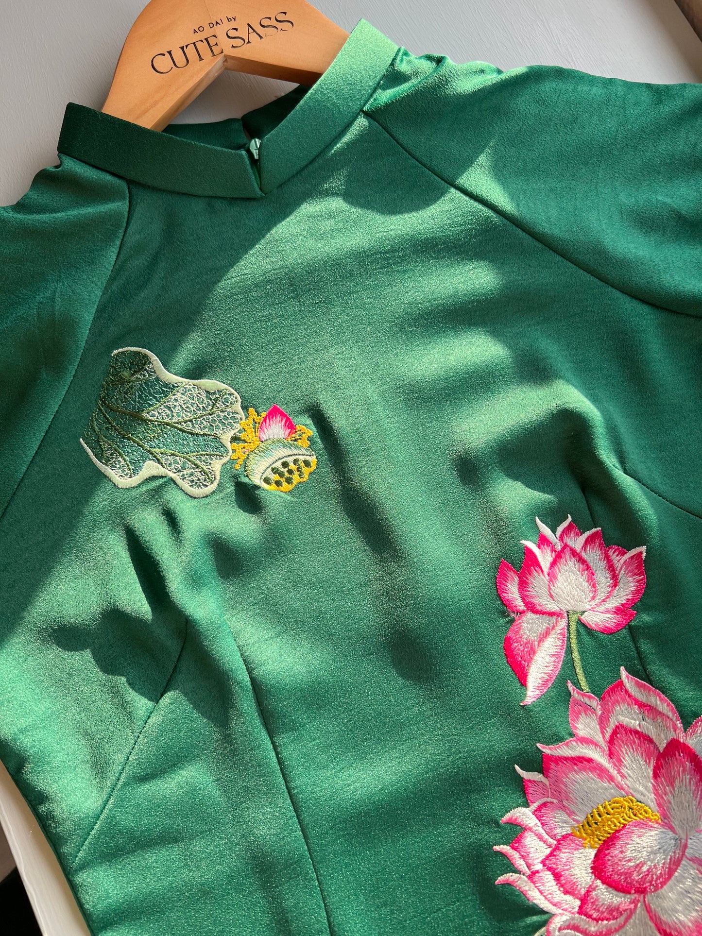 Green Lotus Embroidery Silk Ao Dai Top Only, NO PANTS