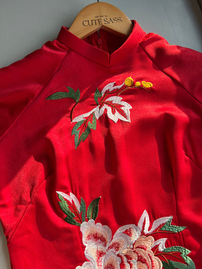 Red Embroidery Peony Ao Dai Set