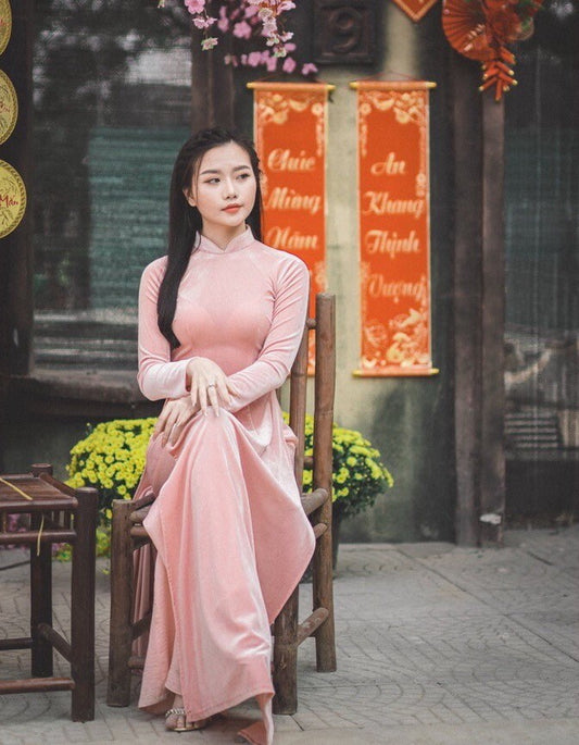 Blush Velvet Plain Ao Dai Top Only, NO PANTS