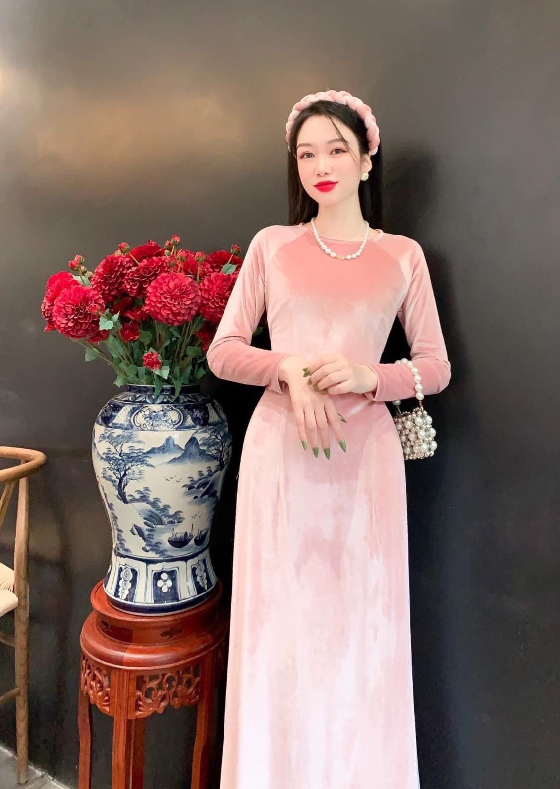 Blush Velvet Plain Ao Dai Top Only, NO PANTS