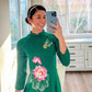 Green Lotus Embroidery Silk Ao Dai Top Only, NO PANTS