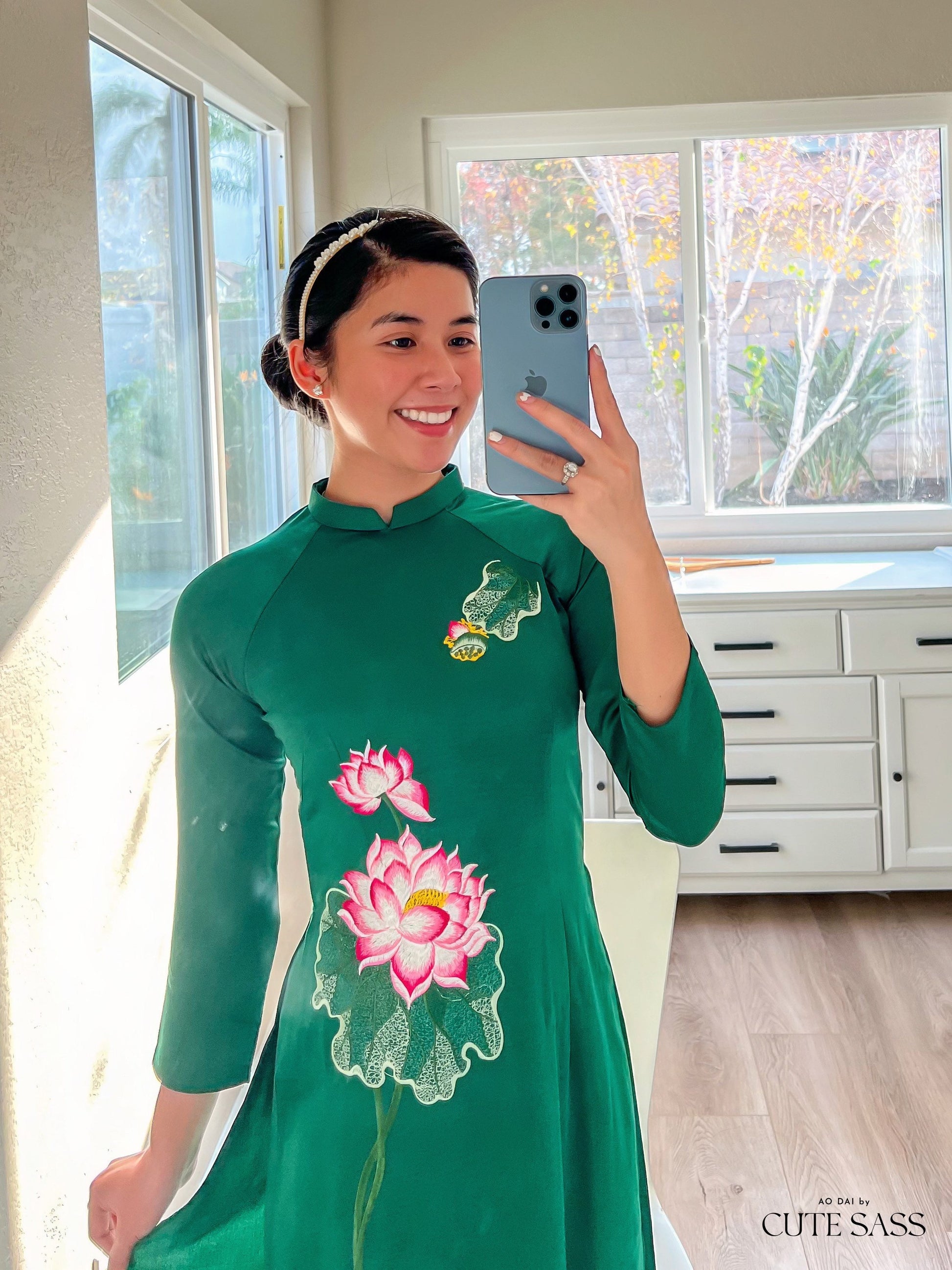 Green Lotus Embroidery Silk Ao Dai Top Only, NO PANTS